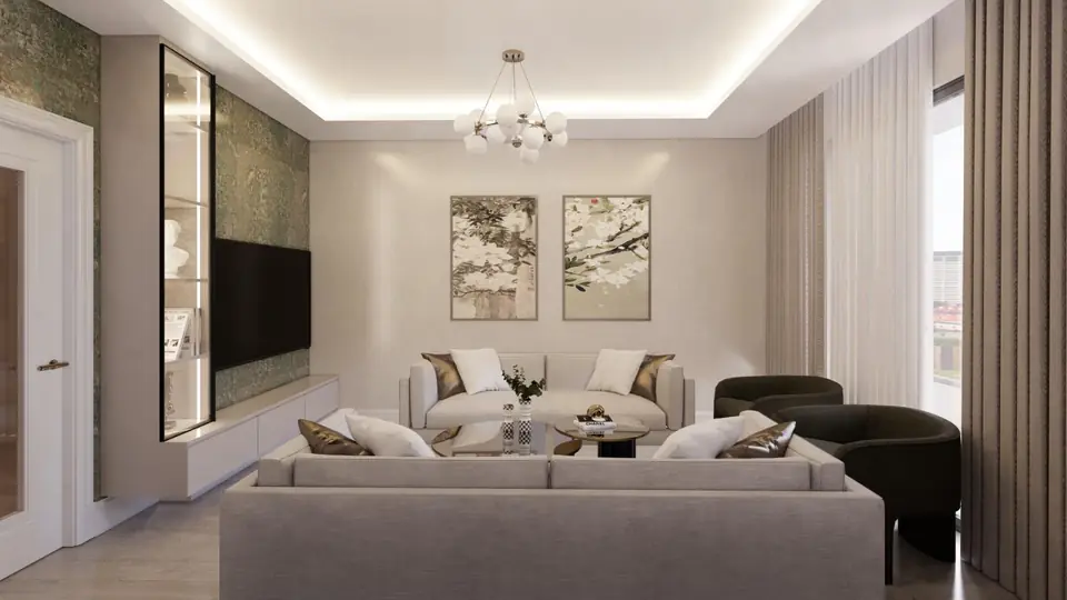 Oturma grubu ve TV duvarıyla salon