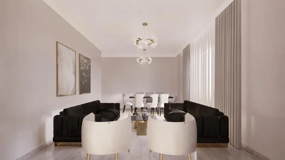 Salon ve yemek bölümünün bir arada kurgulandığı yaşam alanı